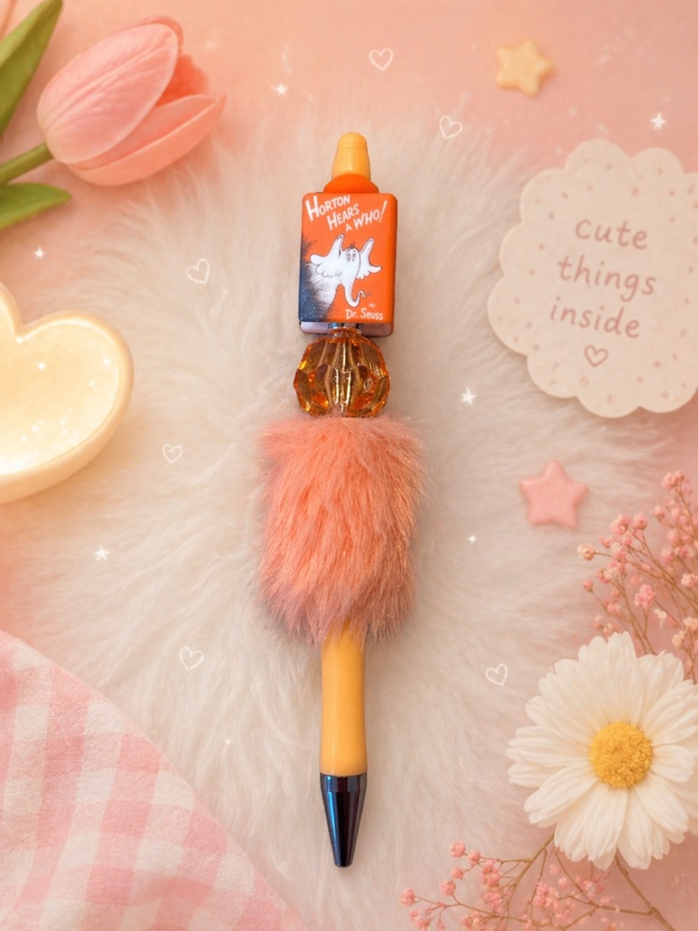 Peach Fuzzy Horton Hears a who Pom Pom Pen with Gem. Black ink new